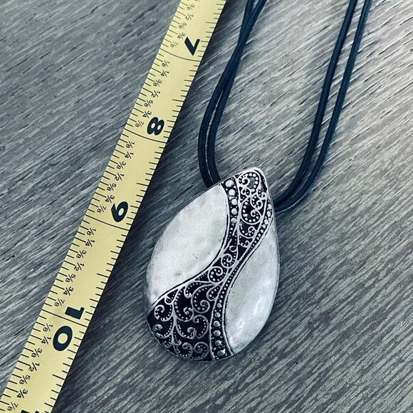 Silver Scroll Teardrop Pendant Black Cord Necklace - Picture 3 of 5